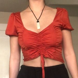 Glassons ruffled orange plunge box neckline shirt AUS size 12